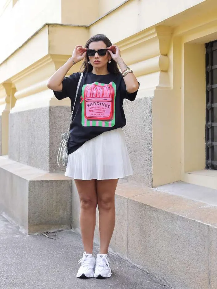 Retro American Vintage Summer Ocean Fish Print Spicy Girl Loose Fit Pure Cotton Black Short Sleeve T-Shirt for Women