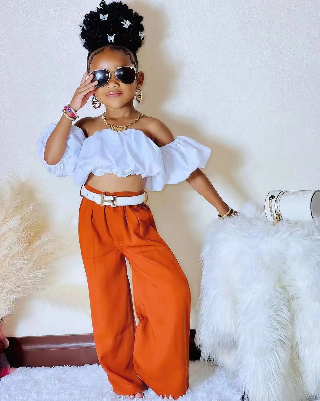 

2-8Y Summer Girls Blazer Pants Set Toddler Kids Two Pieces Puffy Crop Tops+Straight Trousers Streetwear Children's Clothing Suit