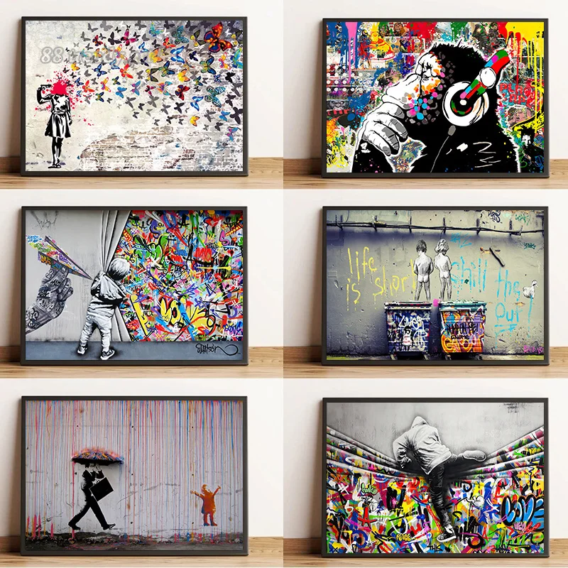 

Banksy Artworks Life Is Short,chill The Out Graffiti Posters Funny Street Pop Art Canvas Painting Hanging Pictures for Home Room