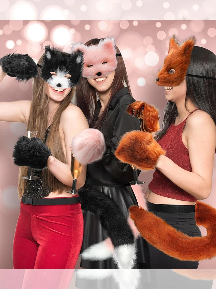 Fox Cat Ears Headwear Fluffy Animal Ears Headband Ears Hair Hoop and Tail Set for Halloween Party Cosplay Accessories