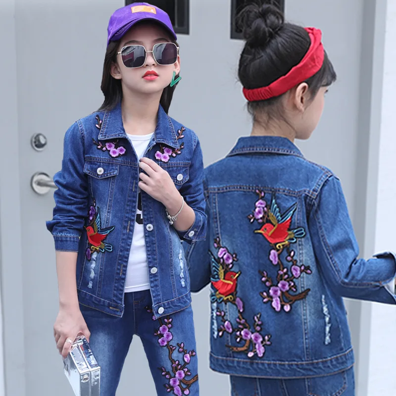 Girls Kids Fashion Cool Clothes Suits Outfits Girl Children Denim Clothing Set Birds Flowers Jacket+Jeans Pants