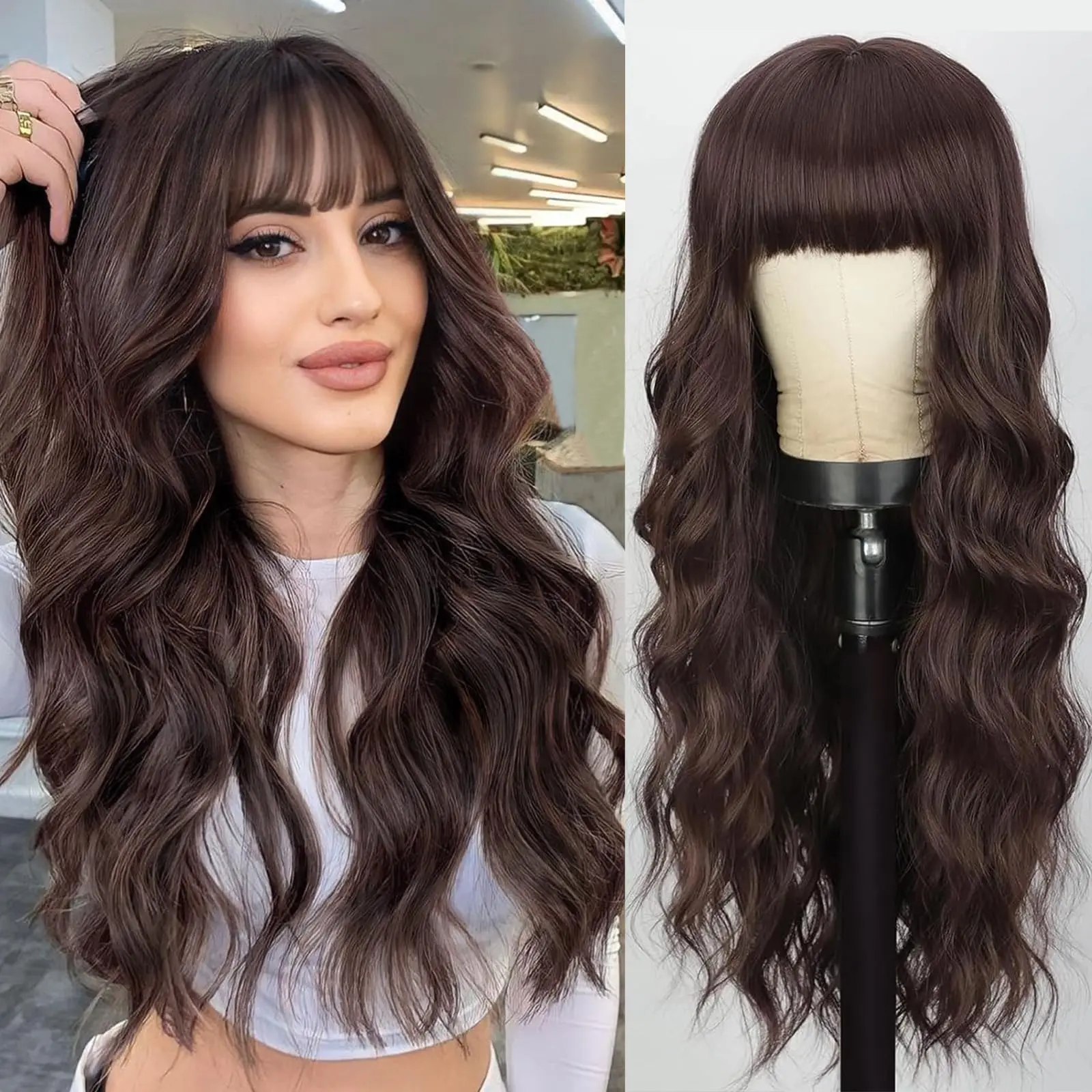 

Dark brown synthetic wig with big waves for party, Halloween cosplay, everyday use, high-temperature hair accessory