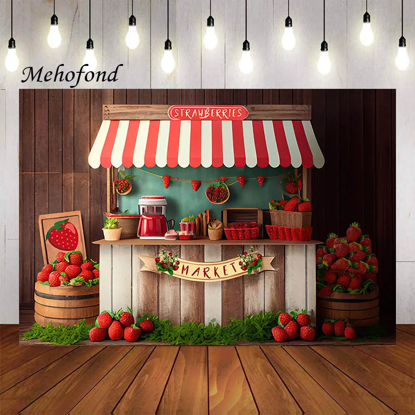 Mehofond Photography Background Strawberry Farm Wooden Wall Girl Birthday Party Cake Smash Portrait Decor Backdrop Photo Studio