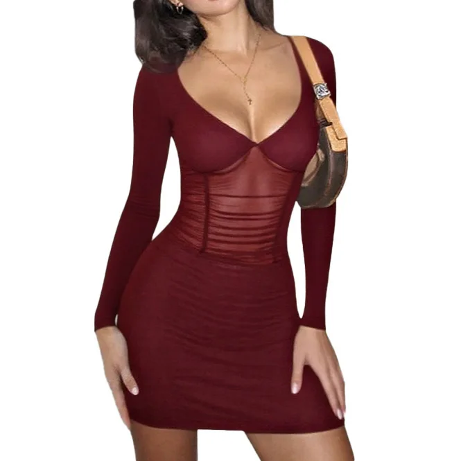XY25363PFO Hot-Selling Hollow Out Short Sexy V-Neck Hot Girl Temperament Long Sleeve Bodycon Dress