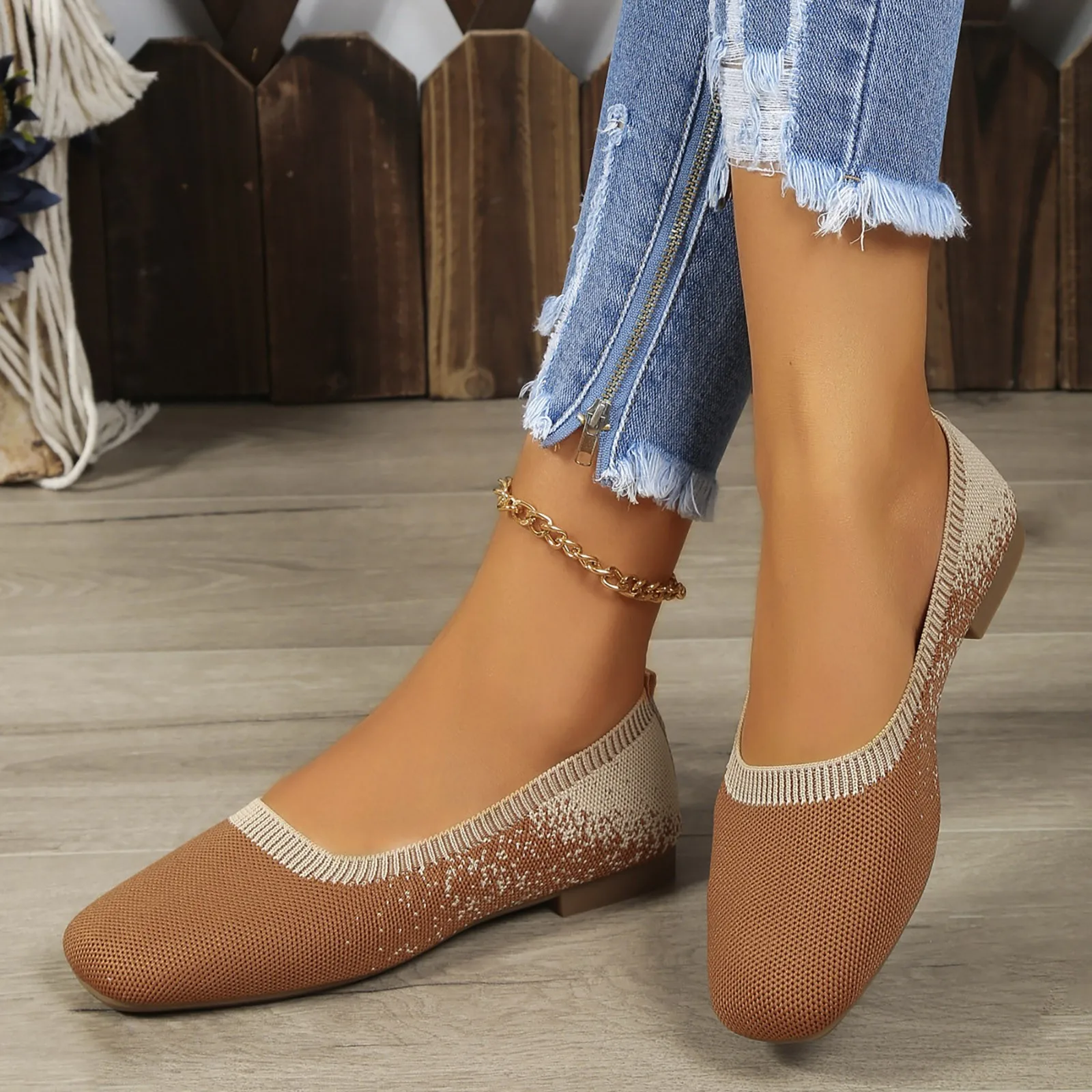 Slouchy Style Flats Women's Loafers Ombre Point Toe Slip-On Wedge High Heel Knitted Breathable Non Slip Comfortable Shoes