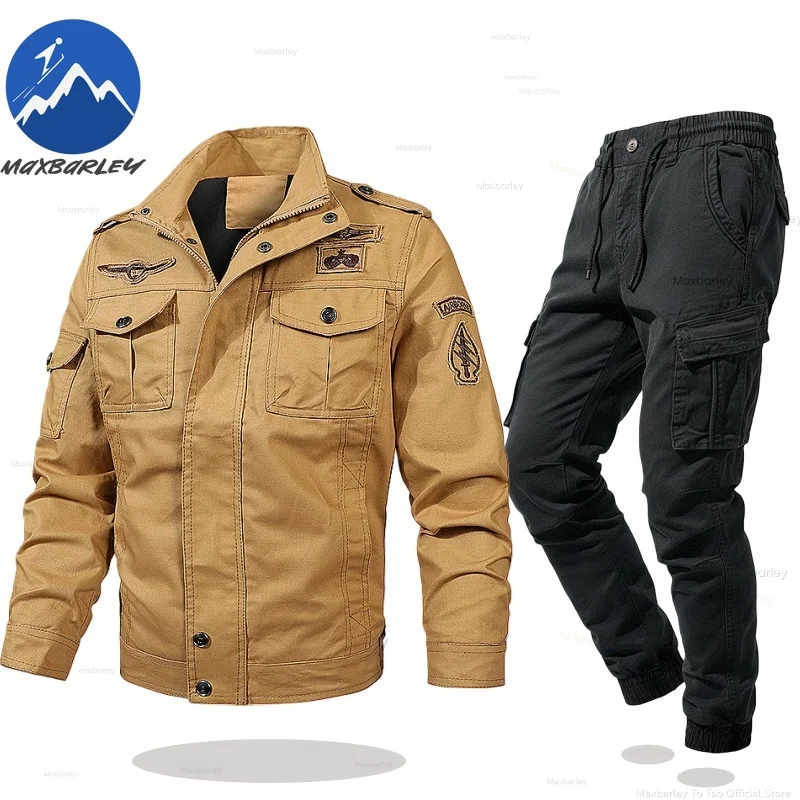 

Maxbarley Men Training Set Suit 2026 Hiking Climbing Cotton Sportswear Jackets + Cargo Trousers 2 Piece Running Sportswear Set