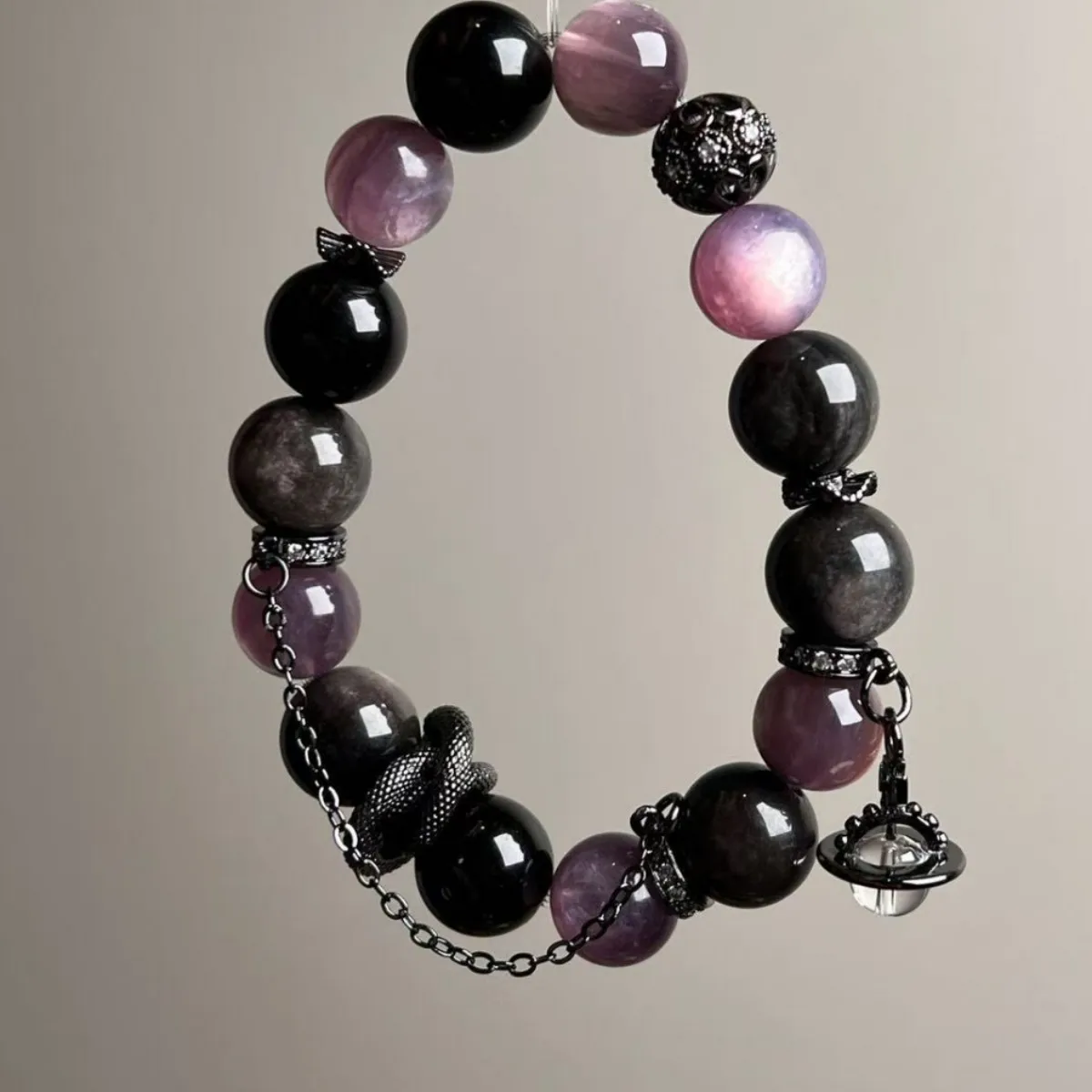 

Natural Crystal Silver Obsidian Purple Lithium Mica Bracelet Men's and Women's Fashion Bracelet Original Design