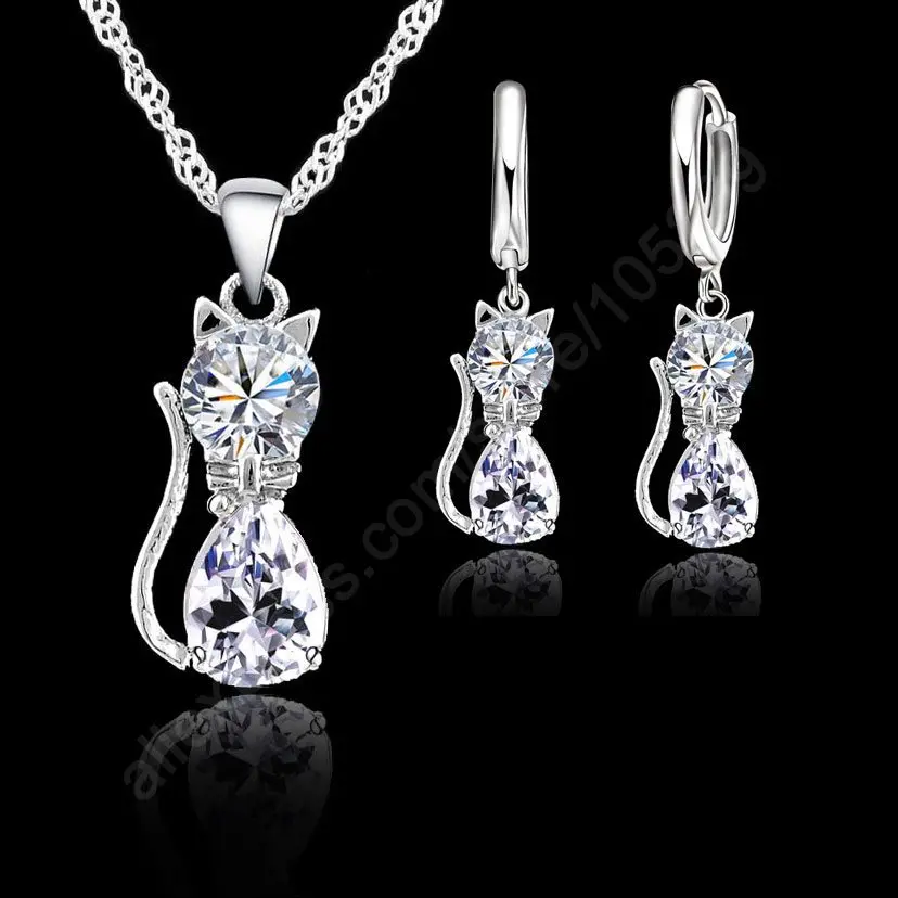 Jewellery Sets Accessories Genuine 925 Sterling Silver  Cubic Zirconia Cat Cute Necklace Pendant+Leverback Earrings Hot