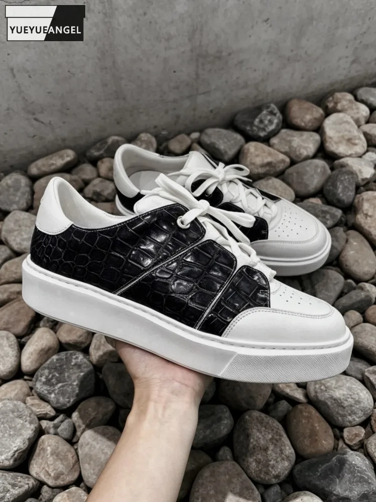 Spring Autumn Men Versatile Crocodile Leather Patchwork Calfskin Footwear Platform Casual Sneakers Lace Up Round Toe Male Shoes