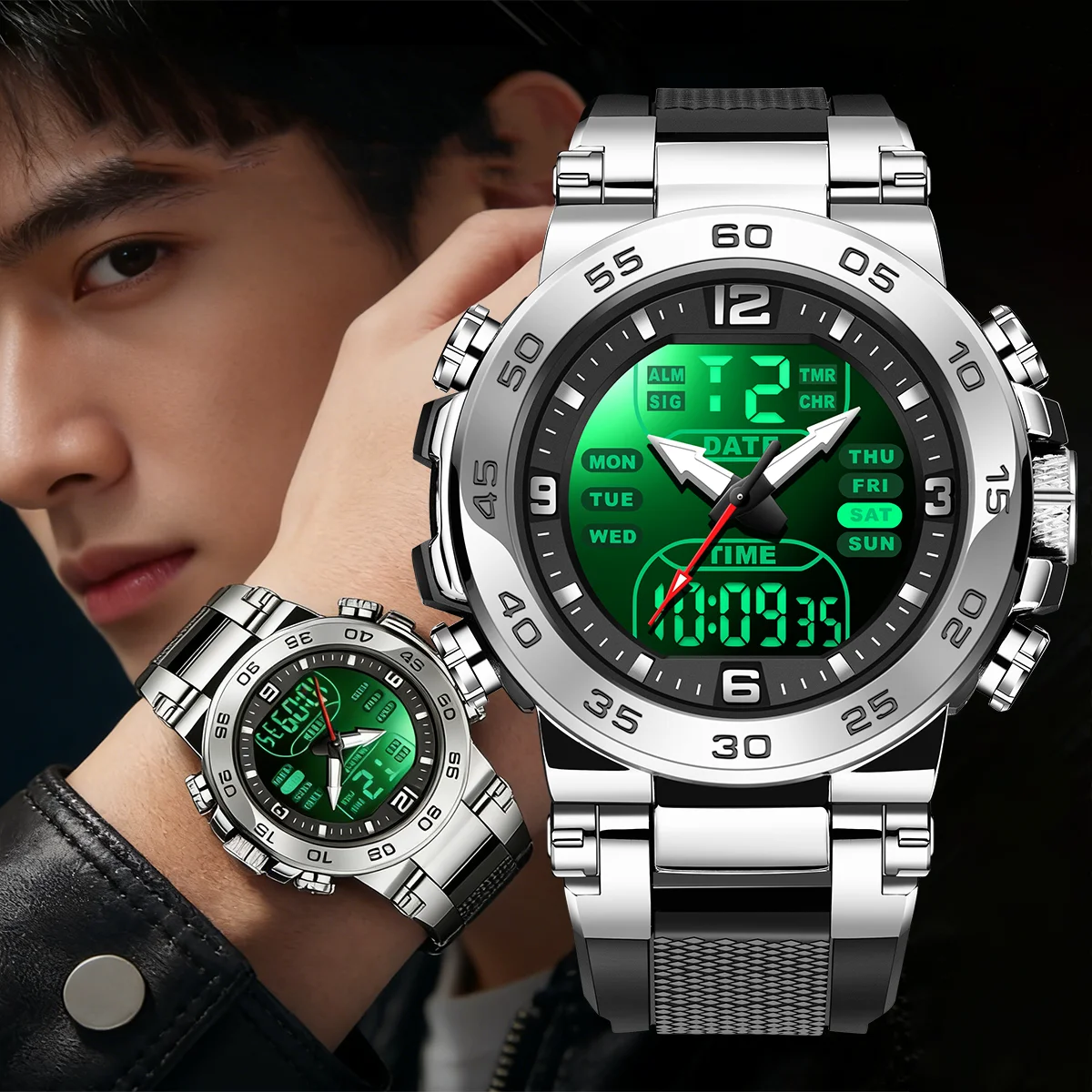 

Мужские брендовые роскошные часы FOXBOX с будильником, секундомером, светодиодной подсветкой, двойным отображением времени, водонепроницаемые часы для мужчин, Reloj Hombre