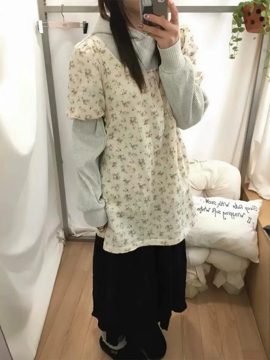 

Floral Print Loose Women's Dress with Bubble Sleeves U-Neck Back Bow Knot Short A-Line Skirt Korean Style Summer Cotton Dress