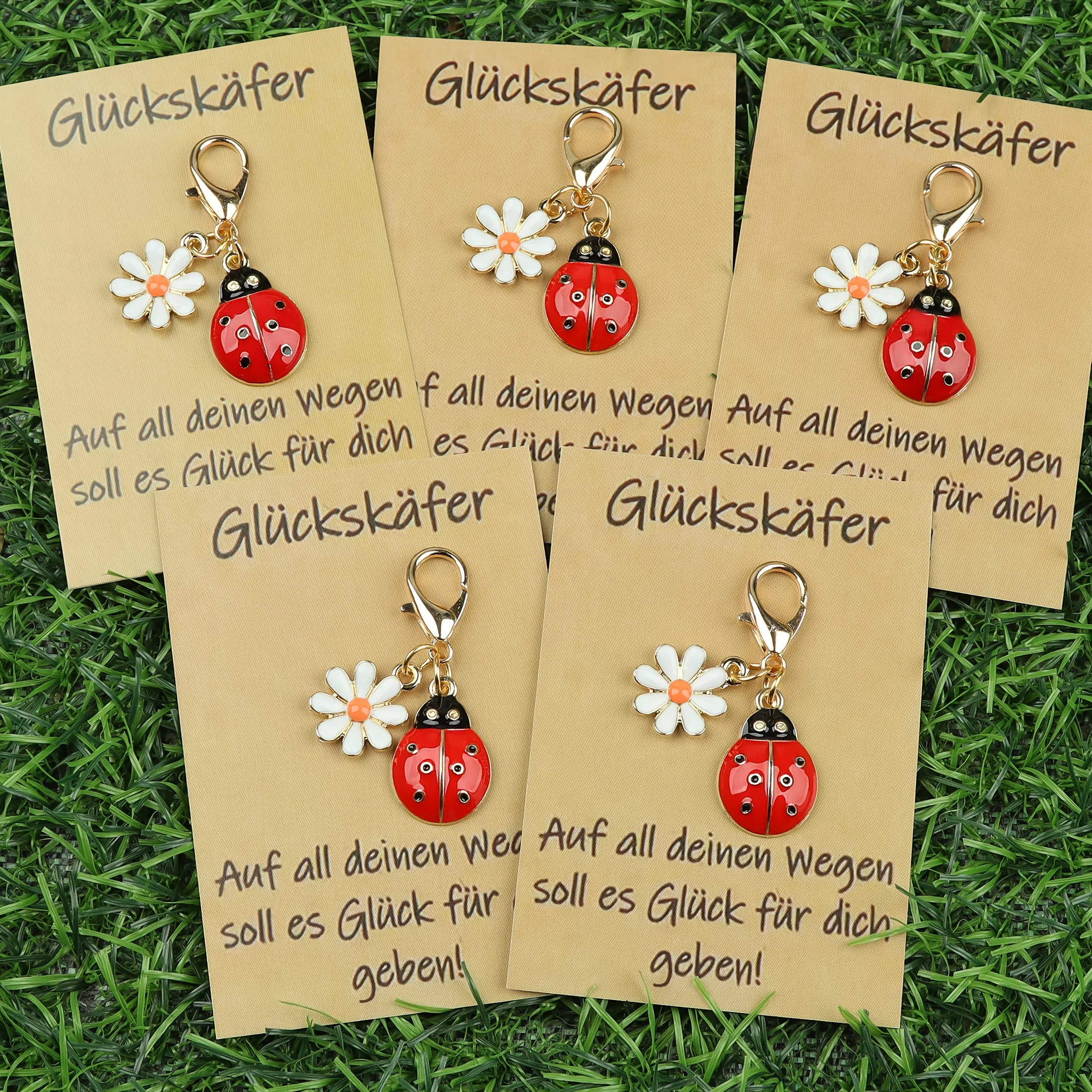 5 porte-clés allemands « Glücksäfer » sur carte signifiant « Coléoptère porte-bonheur », inscription : Que tous vos chemins à venir soient remplis de chance