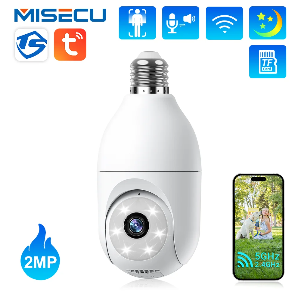 

MISECU 2.4G/5G Light Bulb E27 Wifi Camera Tuya Smart 2MP PTZ WIFI IP Dome Camera Outdoor Color Night Vision Security-protection