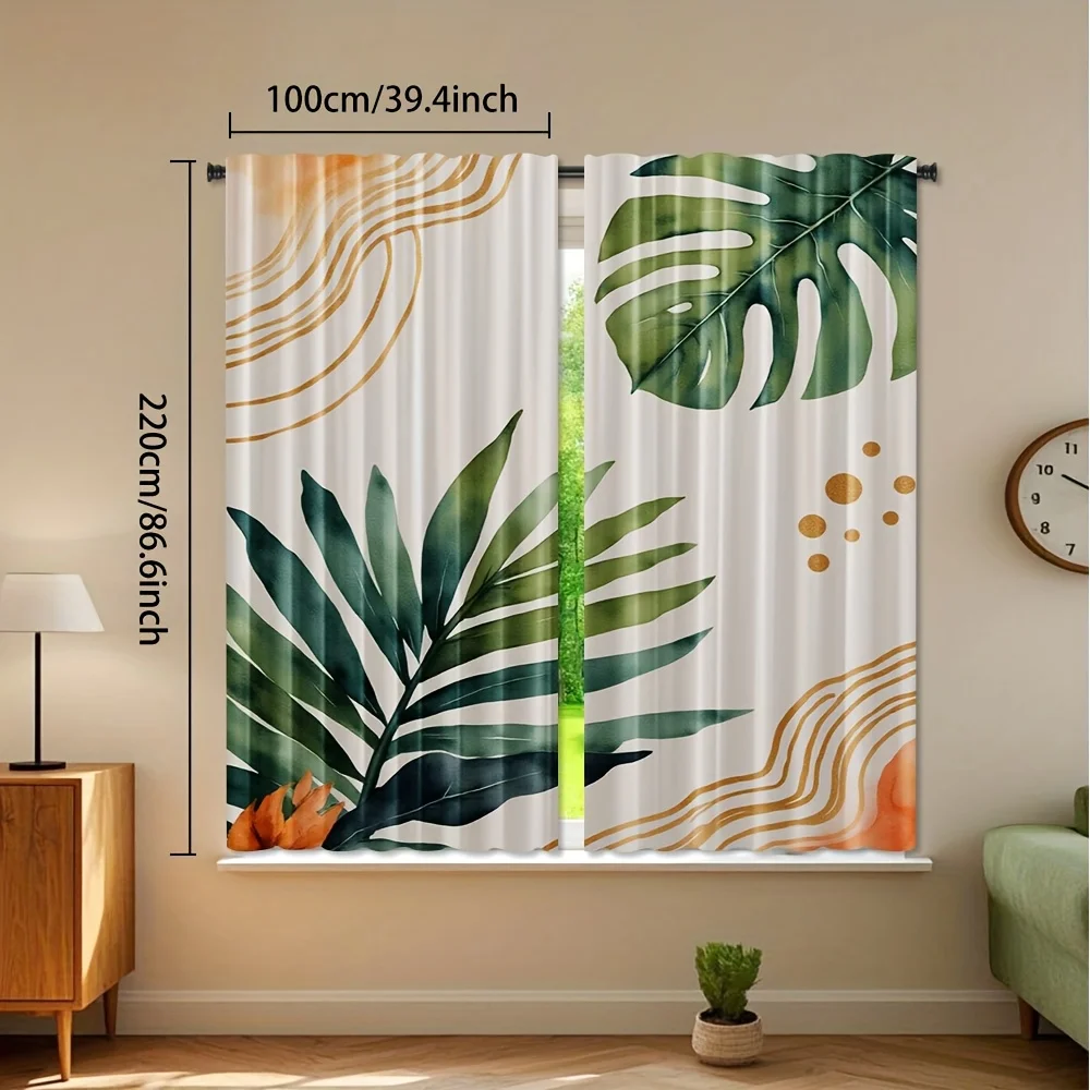 قطعتان، ستائر مطبوعة بأوراق استوائية كلاسيكية مستوحاة من الألوان المائية مع تصميم جيب قضيب، بوليستر لغرفة المعيشة والمنزل #6