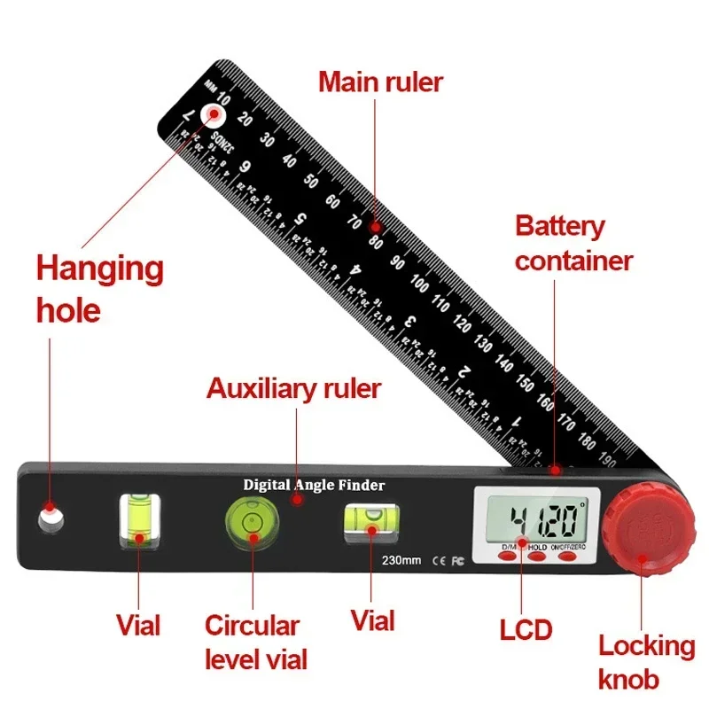 4 In1 0-195mm Measuring Angle Digital Instrument Angle Inclinometer Digital Electronic Goniometer Angle Detector Level Ruler