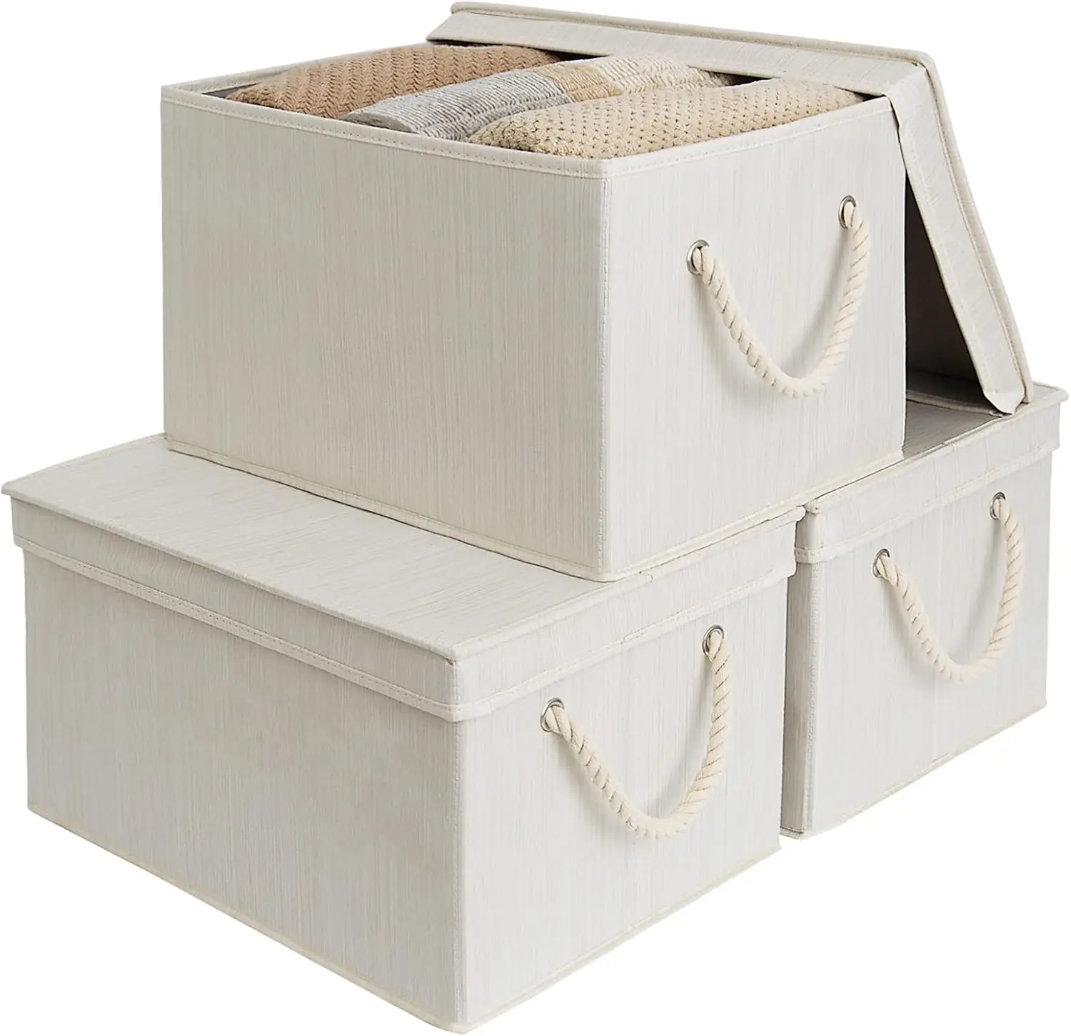

Foldable Stackable Storage Baskets with Lids and Soft Rope Handles, 3-Pack in Ivory and White for Closet and Shelves