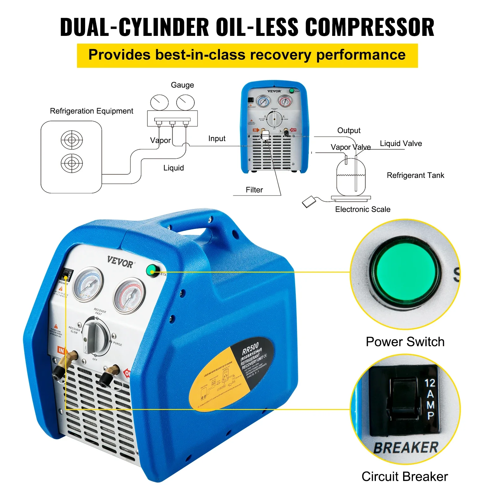 Imagem -03 - Vevor-máquina de Recuperação de Refrigerantes ar Condicionado de Freon Líquido e Vapor 220v 50hz 60hz 4hp 1hp