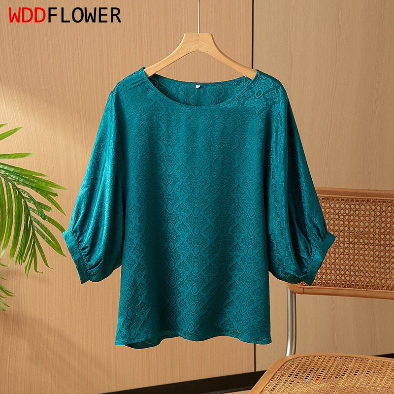 

Women Silk Blouse 100% Mulberry Silk Peacock Blue Lantern Sleeve O Neck Top Shirt Office Lady L XL QQ004