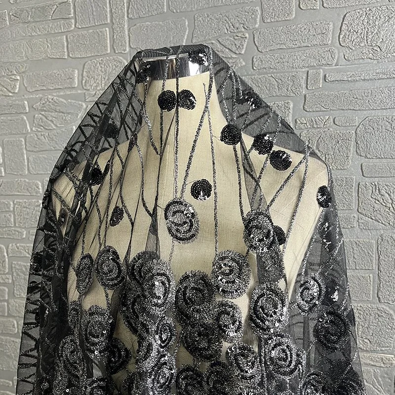 

Black Three-dimensional Embroidered Silver Wire Soft Mesh Sequin Jacquard Dress Performance Gift Clothing Designer Fabric
