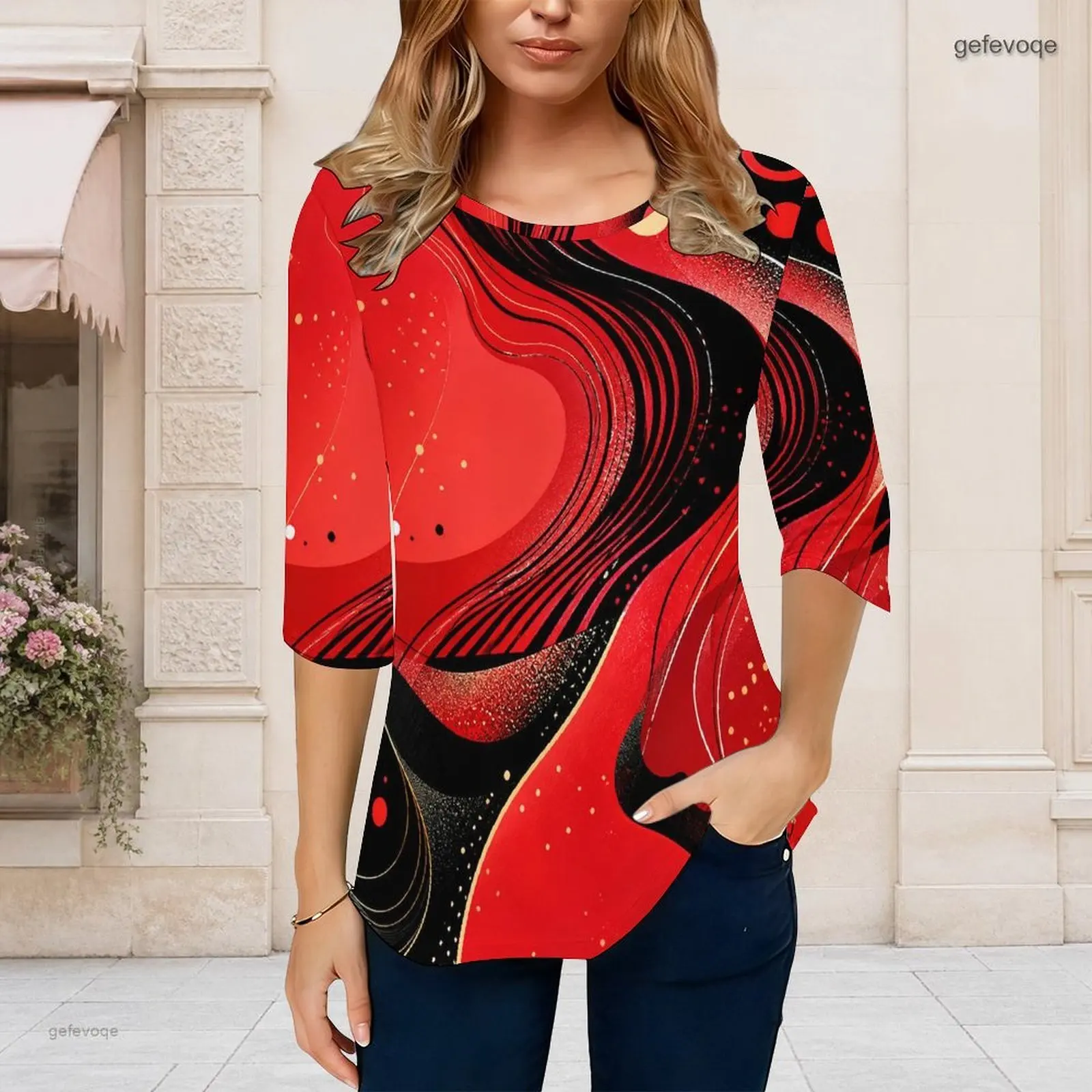 Women Rainbow Swirl Smoke Printed Round Neck 3/4 Sleeve Curved Hem Top