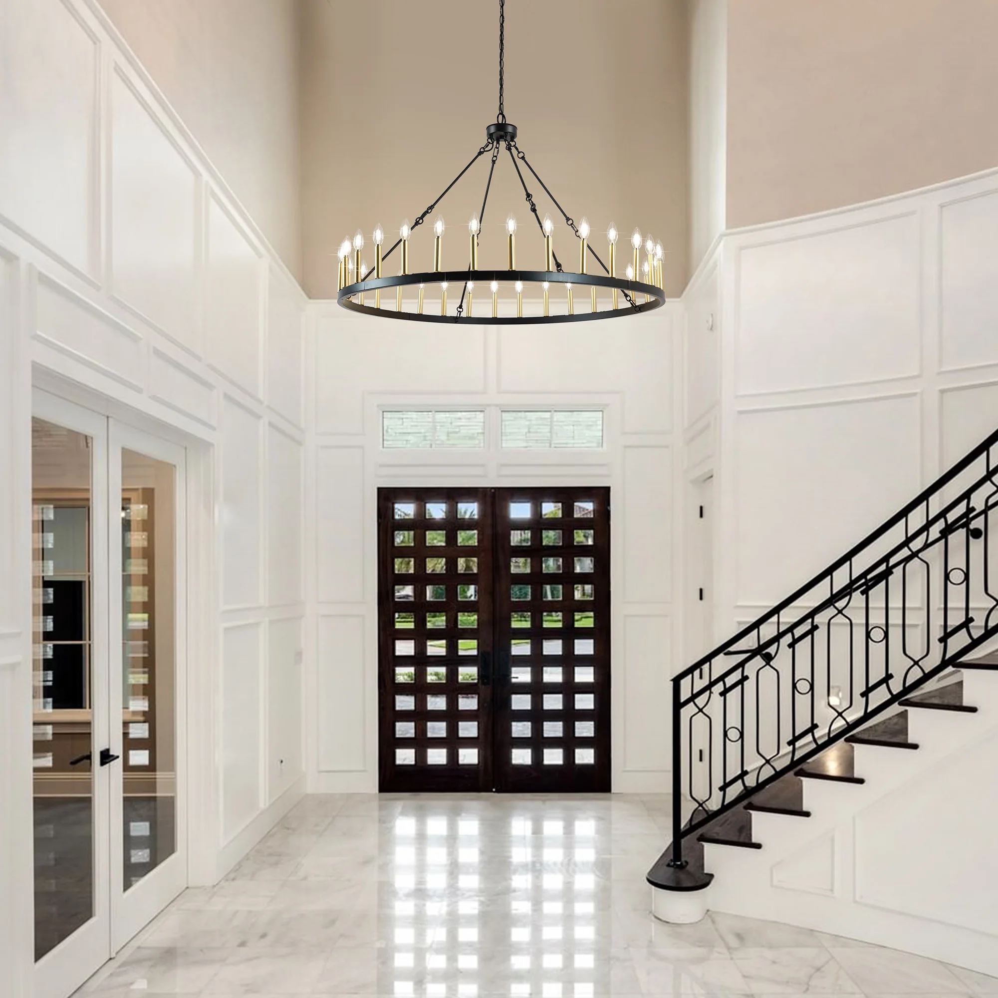 47 Inch Wagon Wheel Chandelier Gold Tiered Chandelier for Foyer Height Adjustable Large Chandelier for High Ceilings