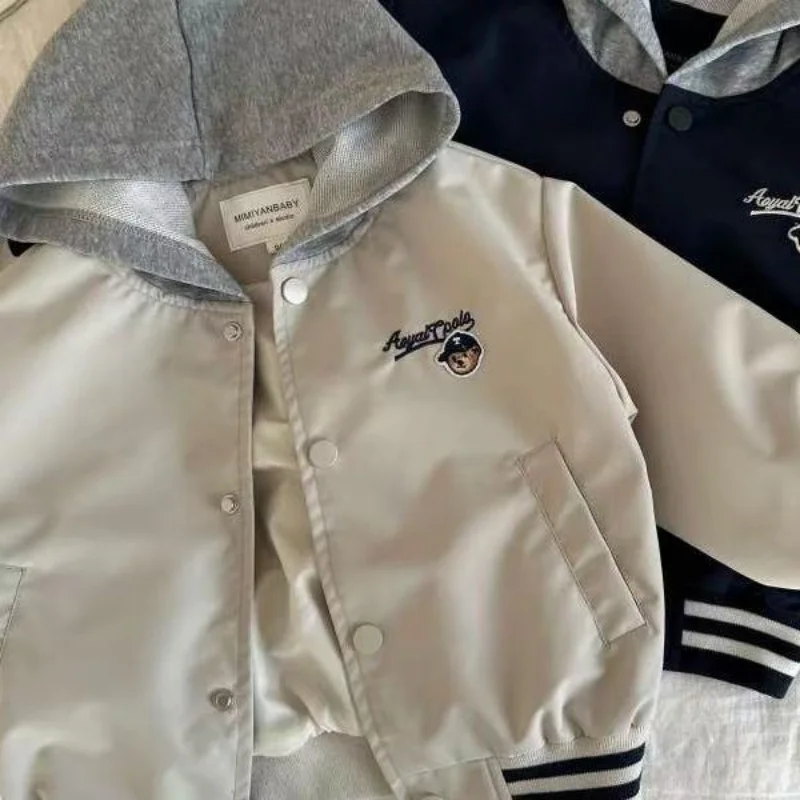 Children's Baseball Jacket Spring and Autumn Cartoon Embroidered Hooded Jacket for Boys and Girls Handsome Jacket for Baby Boys