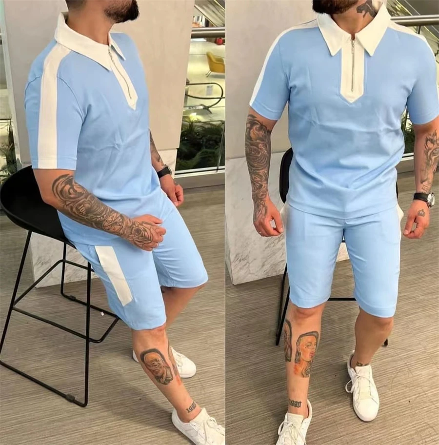 Summer Tracksuit Short Sleeve T Shirt+Shorts Suit Men Streetwear Fstitching Sweatshirt Oversized Men Clothing 2 Piece Sets