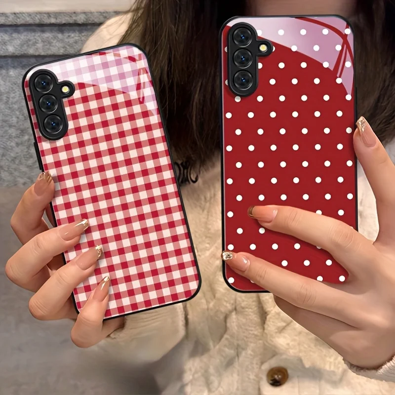 Tempered glass Mobile Phone Case for Samsung Galaxy S26 S25 FE S24 Plus S23 Ultra S22 S21 5G A56 A52 Red polka dot pattern cover