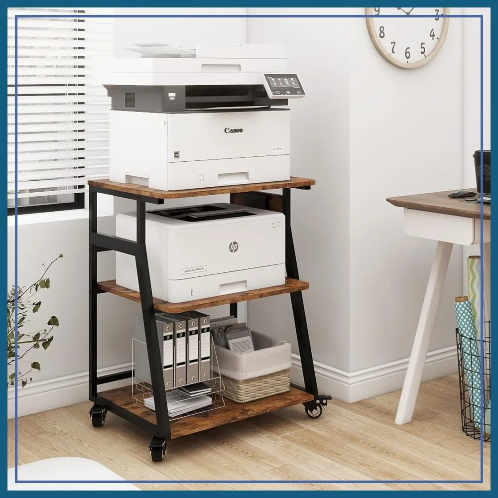 Large 23.6"x19.7" Printer Stand with Charging Station, 3-Tier Rolling Cart for Home Office, Adjustable Shelf for 3D Printer