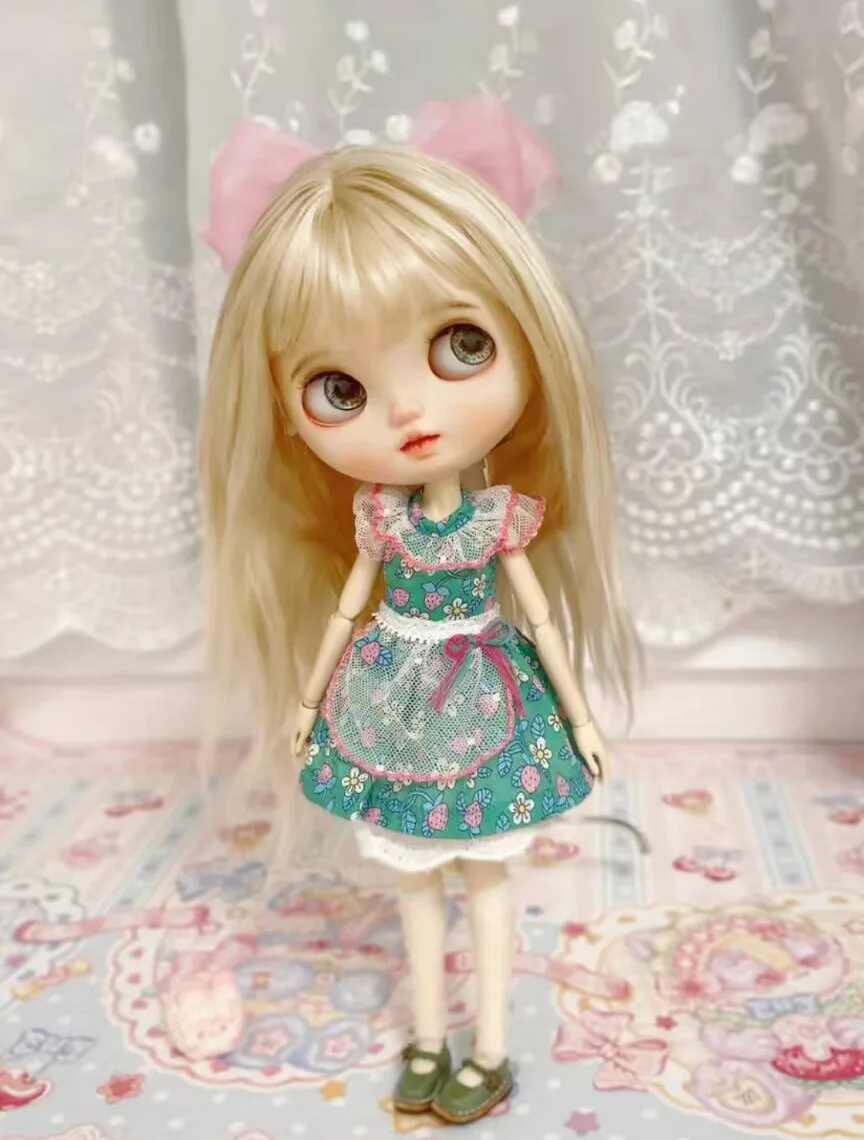 4pcs floral Blythe Green main skirt/inner skirt/apron/ Bow headband accessory 1/6 30cm(Fit for azone,Pullip,Ob22/24/26, Licca)