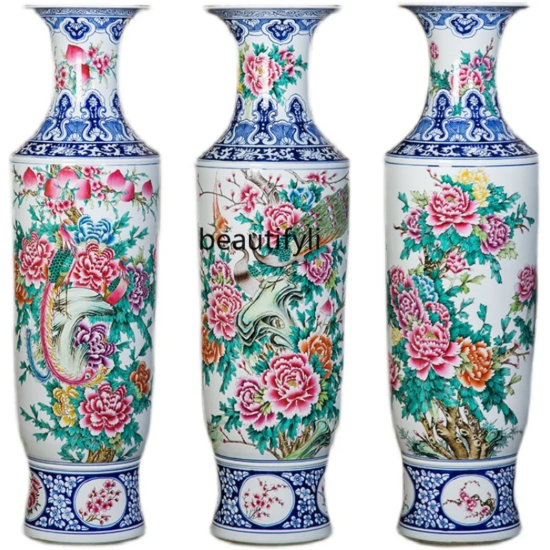 

Jingdezhen Ceramics Famille Rose Hand Drawning Blooming Rich Living Room Floor Ceramic Vase Hotel Big Decorations