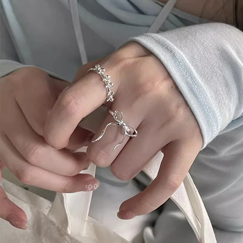 Foxanry Silver Color Ribbon Bowknot Rings For Women Girls Niche Design Simple Sweet Gentle Temperament Anniversary Jewelry Gifts