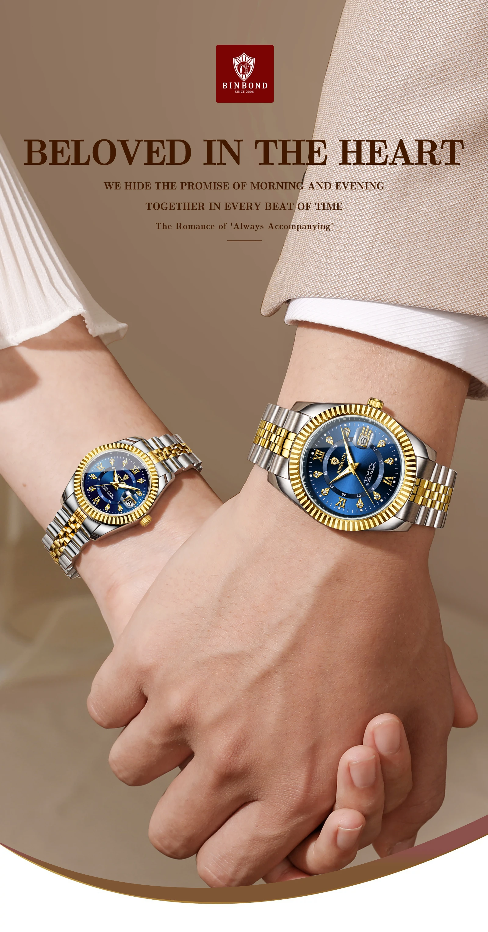BINBOND Original Couple's Quartz Watches Luminous Waterproof Gift For Lover Men's Women's Watch Mujer Relojios +Gift Box