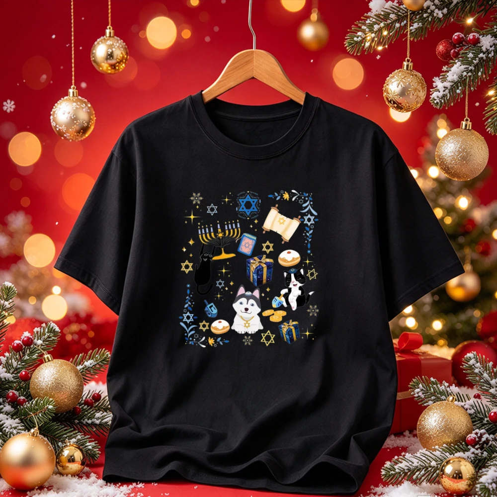 Hanukkah Husky Dog Cat Menorah Star of David Gift Donut Scroll Graphic Print Casual Tops Cute Jewish Holiday Streetwear T-Shirt
