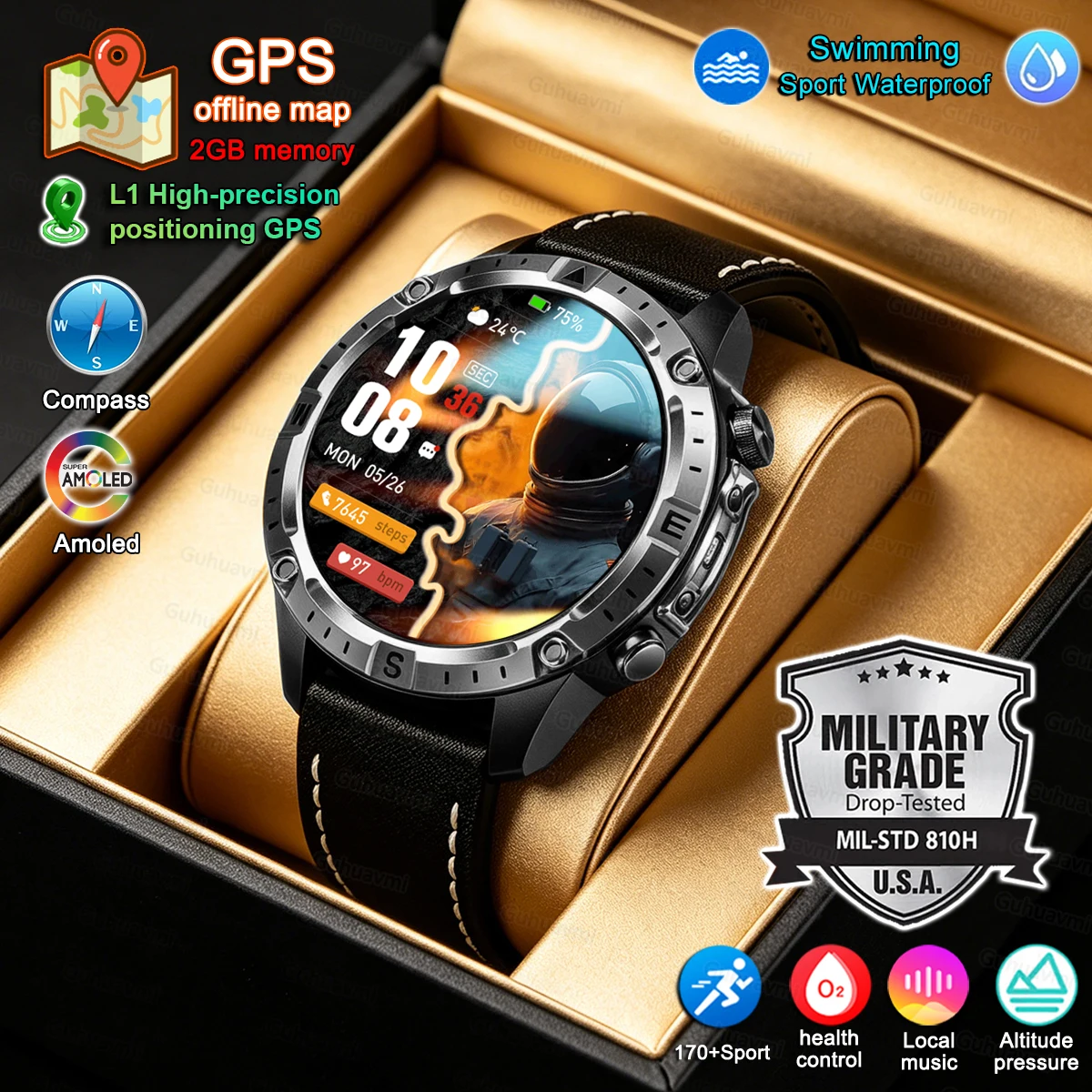 

Smart Watch Men GPS Track 30 meters Swim Waterproof Sports Fitness GPS Precise Positioning Offline Map 2GB Memory Smart Watchs