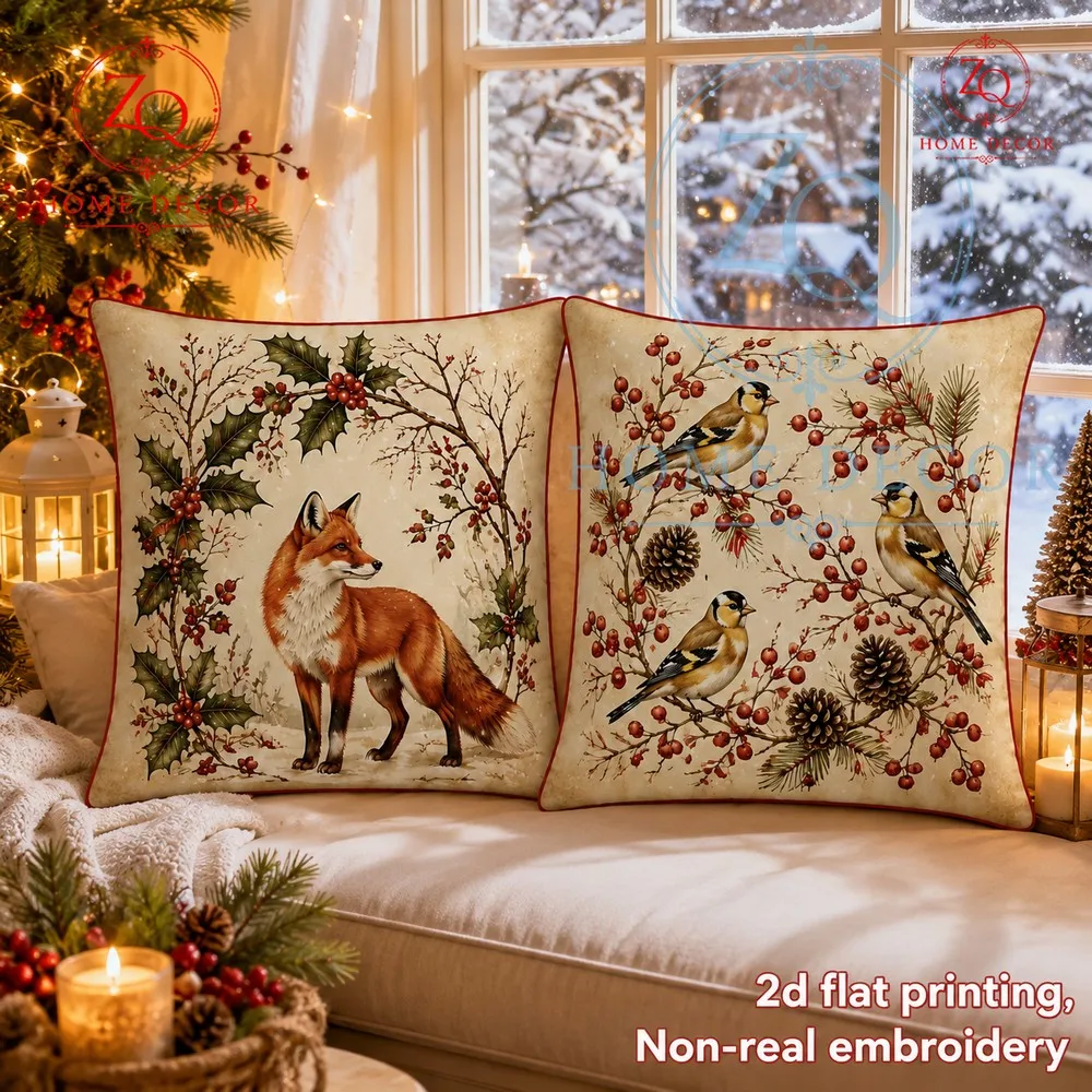 Retro Christmasthemed pillowcases in reddishbrown tones paired with winter foxes  goldfinches
