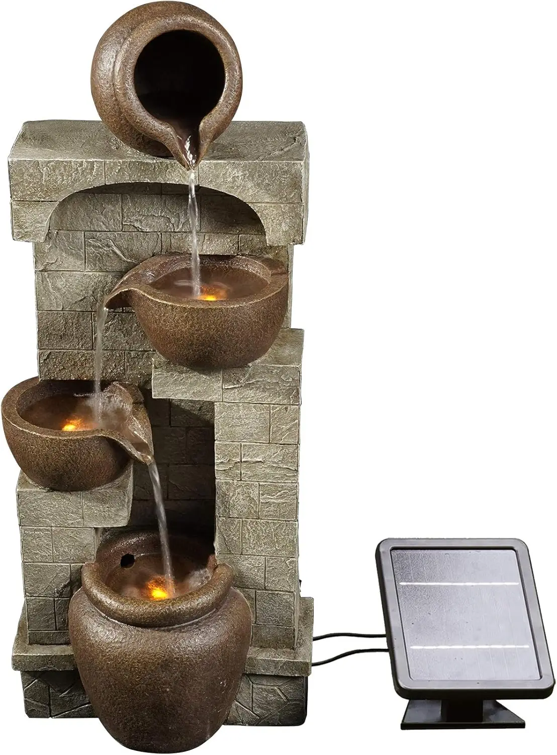 28 in Cascading Bowls & Stacked Stones LED Outdoor Water Fountain for Outdoor Living Spaces to Create a Calming Oasis in Gardens