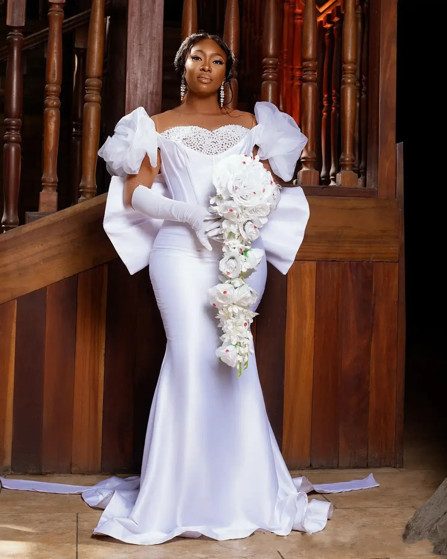 Customized Sheer Neck Handmade Pearls Mermaid Wedding Dress Robe De Mariée  Long Sleeve Plus Size Church African Bridal Gown