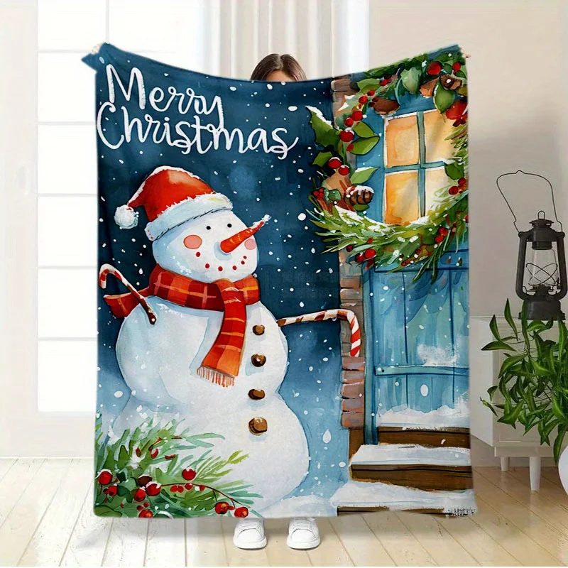 

Cozy Christmas Snowman & Wreath Throw Blanket - Soft, Warm Flannel for Couch, Bed, and Travel - Tear-Resistant, All-Season Comfo