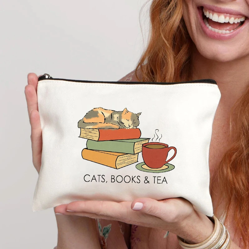 Cats Book Tea Cosmetic Bag Organizer White Canvas Storage Bag Zip Pencil Pouch Multipurpose Travel Perfume Lipstick Makeup Bags