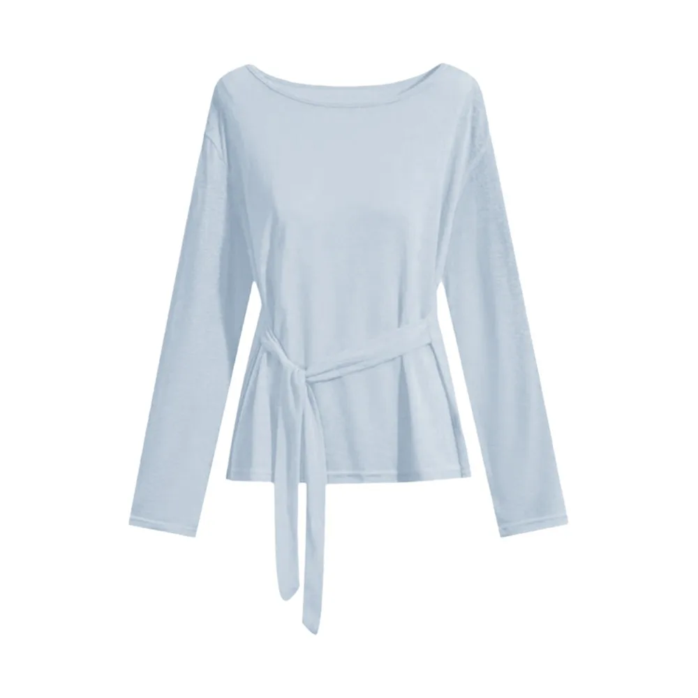 Casual Long Tees Sheer Long Sleeve T-Shirt Off Shoulder Loose See Through Top Back Tied-up Waist-Cinching Top Autumn Season