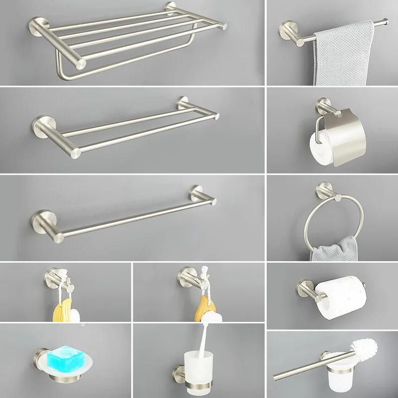

Brushed 304 Stainless Steel Bath Towel Rack Towel Bar Paper Towel Rack Clothing Hook Hotel B & B Household Bathroom Pendant Set