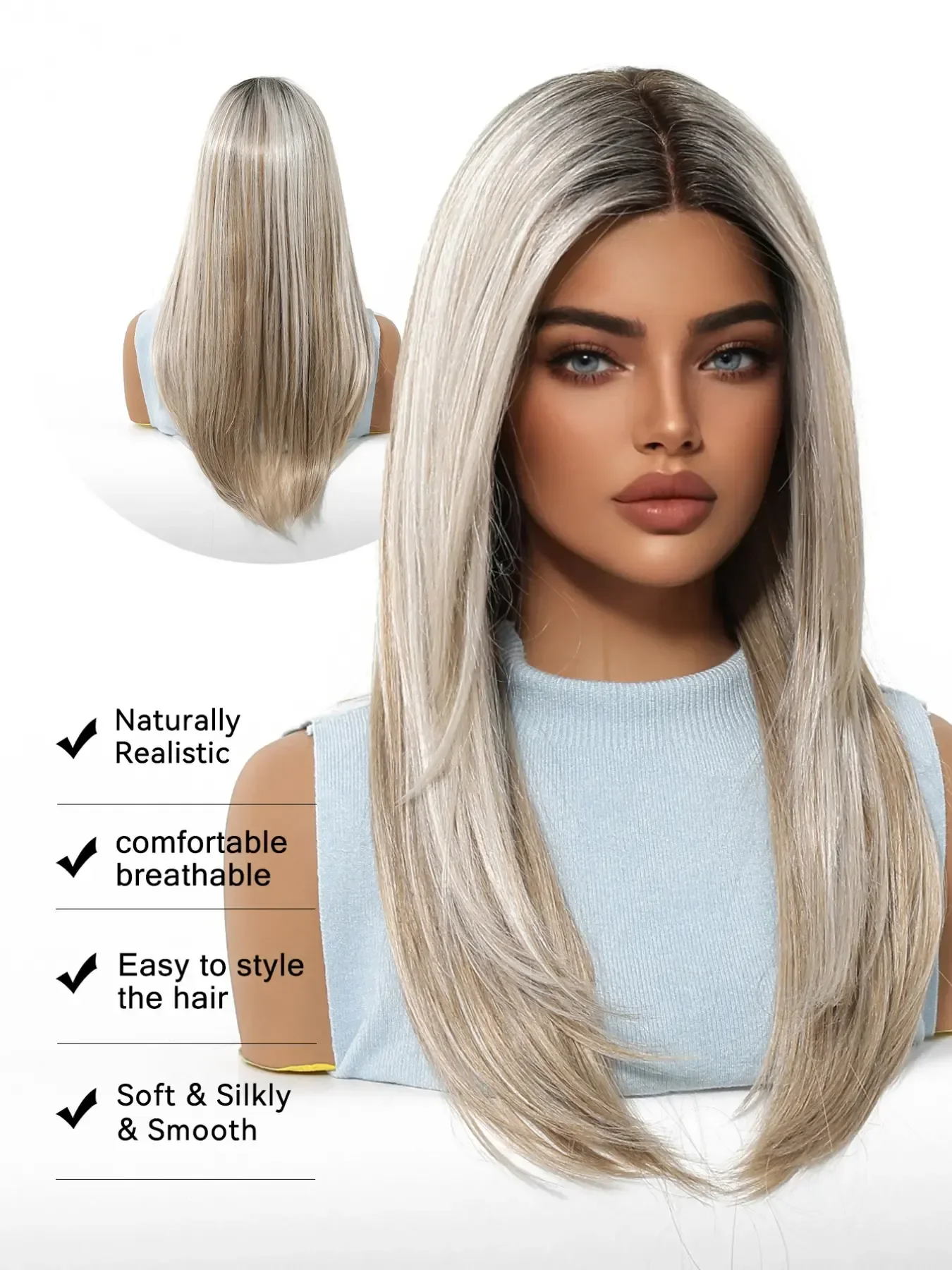 Topshe Mono Lace Front Wig Deep Root Ombre Platinum Blonde Futura Imported Fiber High-End Natural Parting Synthetic Wigs
