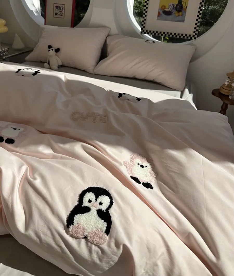 Fashion towel embroidery penguin bedding set,full queen king kawaii sand cotton home textile bed sheet pillow case quilt cover