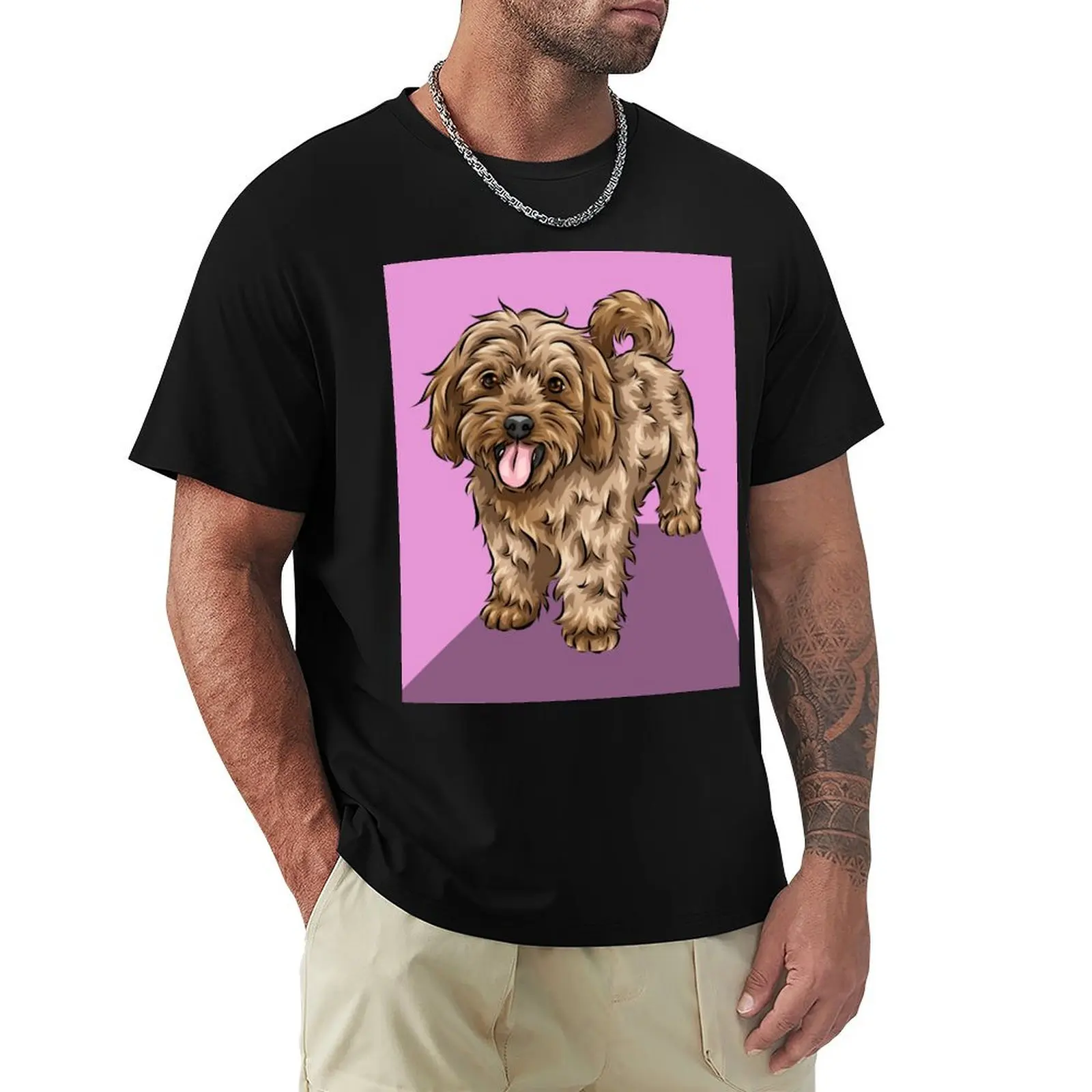 

Cute Cavapoo Cute Dog Art Pink Background T-Shirt Retro Style Print Casual Top