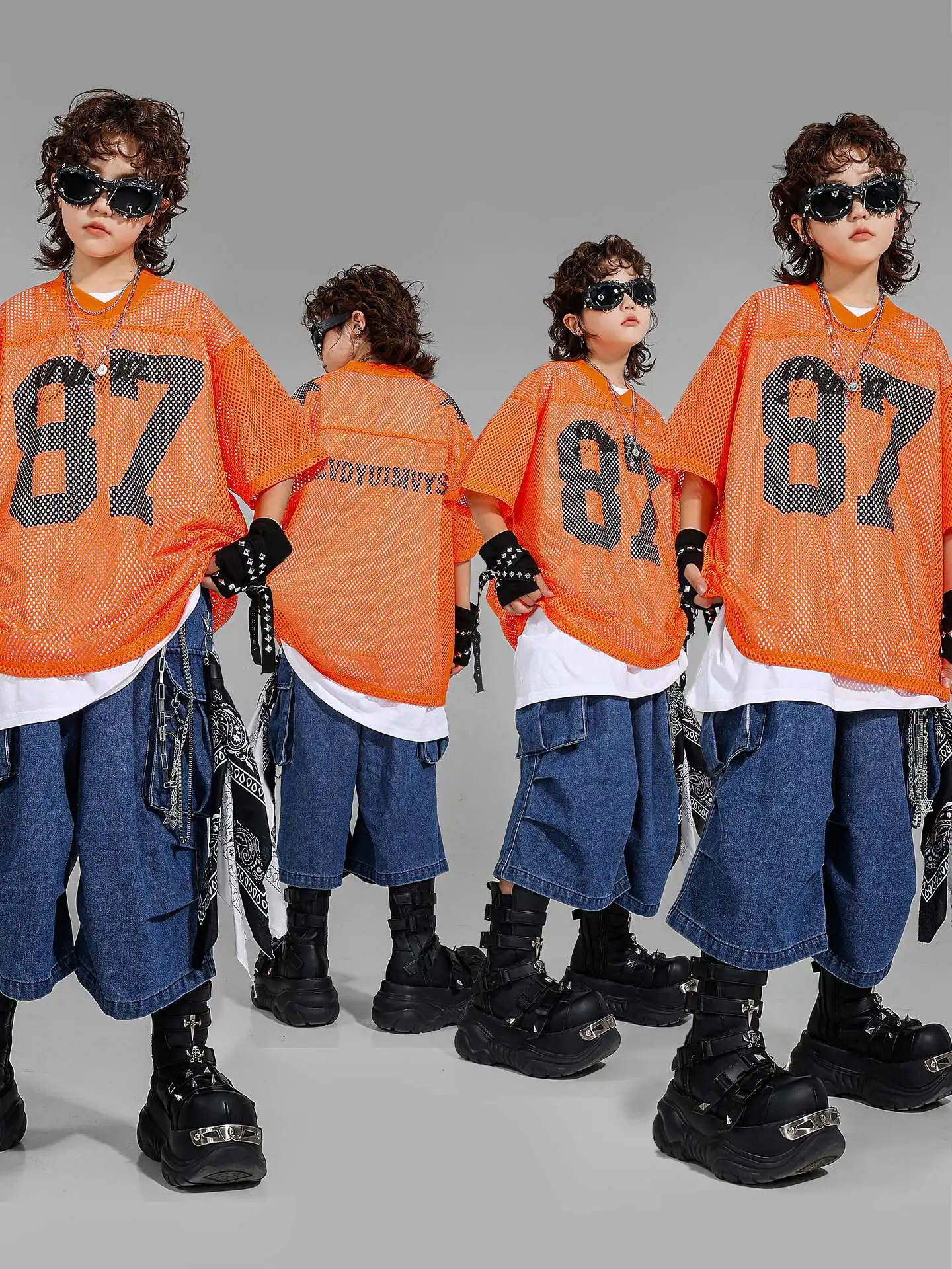 

Kids Team Clothing Hip-hop Clothes Boys Street Dance Jazz Dance Costumes Orange Net Top Suit Stage Outfit Catwalk Wear DQL11032
