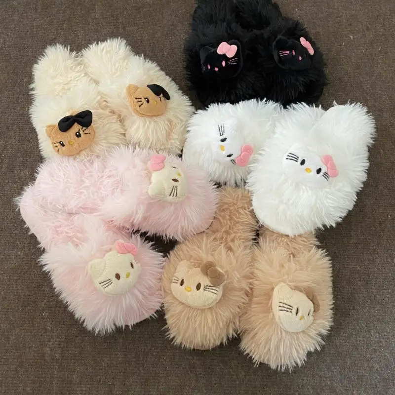 Hello Kittle Cute Home Ladies Plush Slippers Indoor Winter Lovers Wear Warm Non-Slip Flat Cotton Slippers Girl Christmas Gift