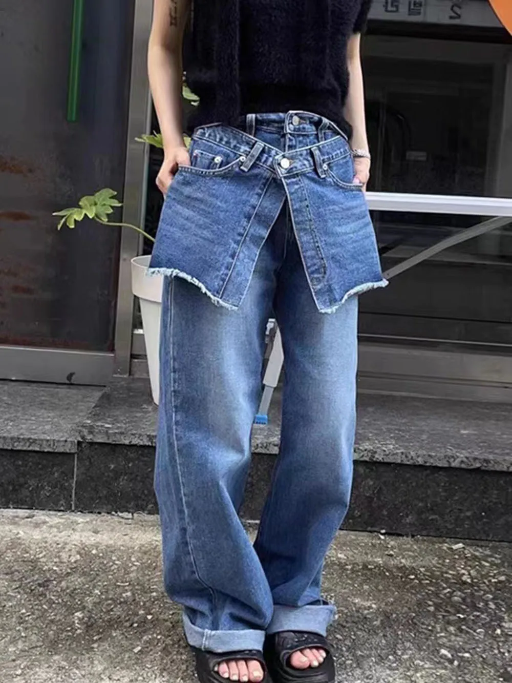Fake Two-piece Design Jeans Women High Waist Jeans Slim Fit Stretch Denim Micro Flare Long Trousers Streetwear Y2K Casual Pants