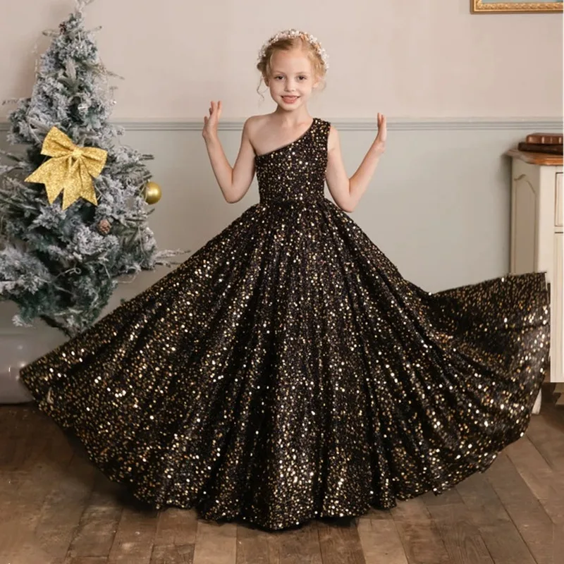 Girls One Shoulder Princess Party Dress for Piano Violin Performance Pageant Formal Celebration Costume Host Model Show Children