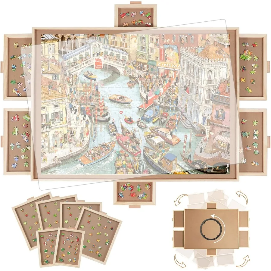 

2000 Pieces Rotating Puzzle Board with 6 Drawers40.16"x28.5" Portable Wooden Jigsaw Puzzle Table with Lazy Susan Spinning Cover
